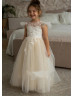 Ivory Sequined Lace Nude Tulle Flower Girl Dress With Detachable Train